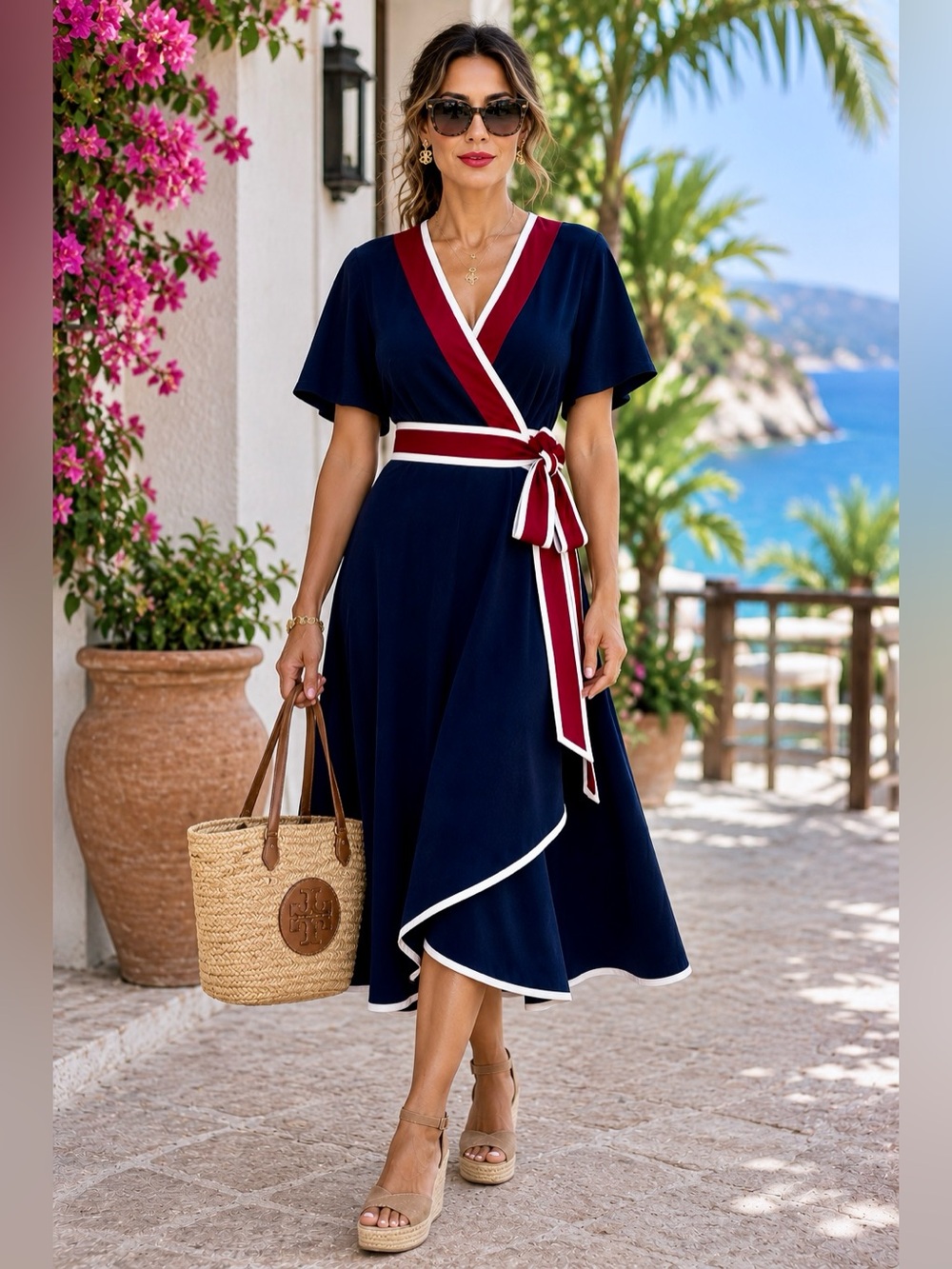 Tory Burch Peggy Wrap Dress Navy Red White Striped Trim Sz 10 EUC - Picture 5 of 11